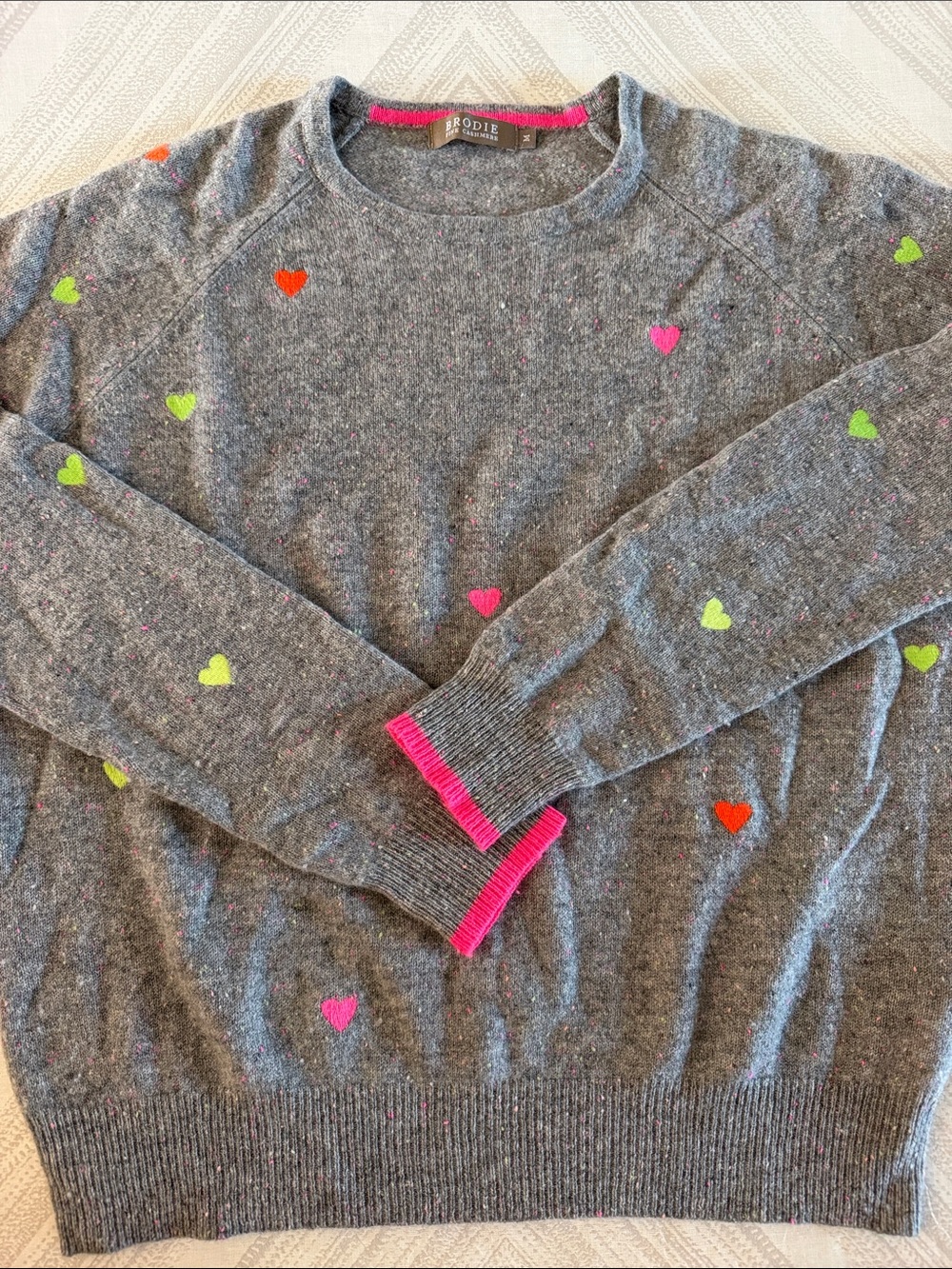 Brodie Cashmere Gray Blended Sweater Neon Hearts Crewneck Medium